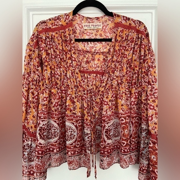 Free People Tiered Kimono Tie Front Orange Red Pattern Flowy Lightweight Blouse - Picture 6 of 14